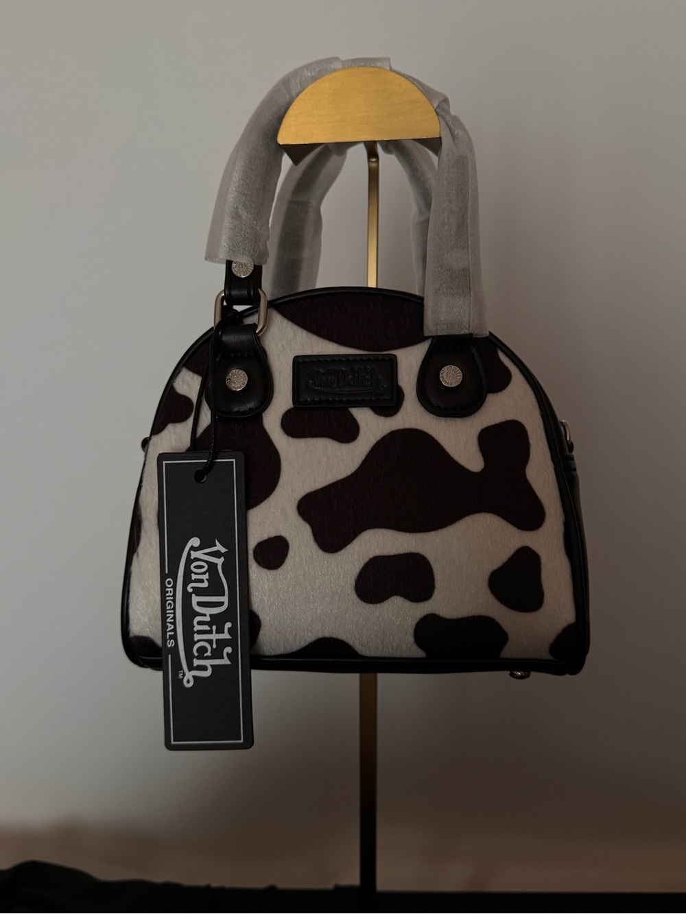 Von Dutch Black and White Cow Print Dome Handbag